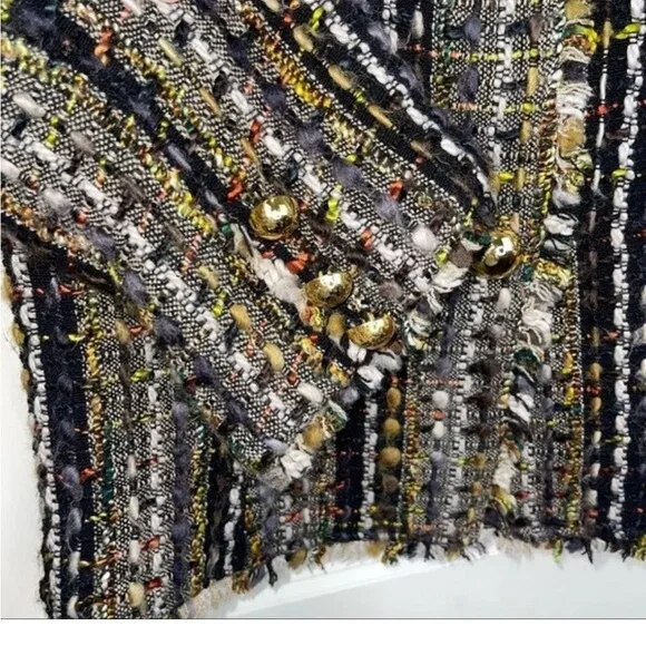 CABi 175 Paris Tweed Cropped Blazer Jacket Size Small Black Gold Button Fringe - Picture 7 of 12